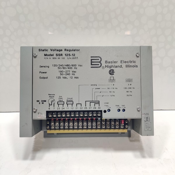 BASLER ELECTRIC SSR125-12 STATIC VOLTAGE REGUALTOR P/N 918500102